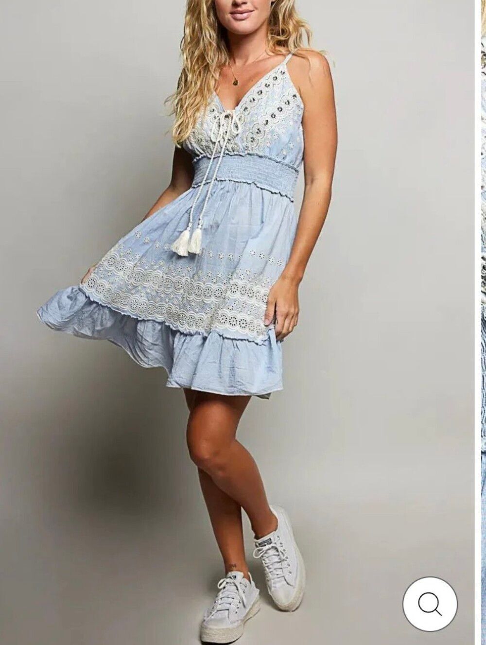 POL Light Blue Eyelet Lace Smocked Sundress Sz Large